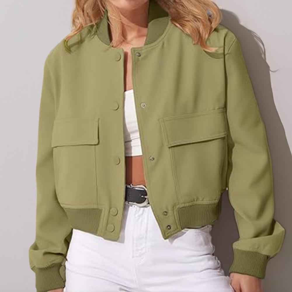 Bomber Jacket White Autumn Winter Button Cropped Jackets for Women Fashion Long Sleeve Coats Outerwears