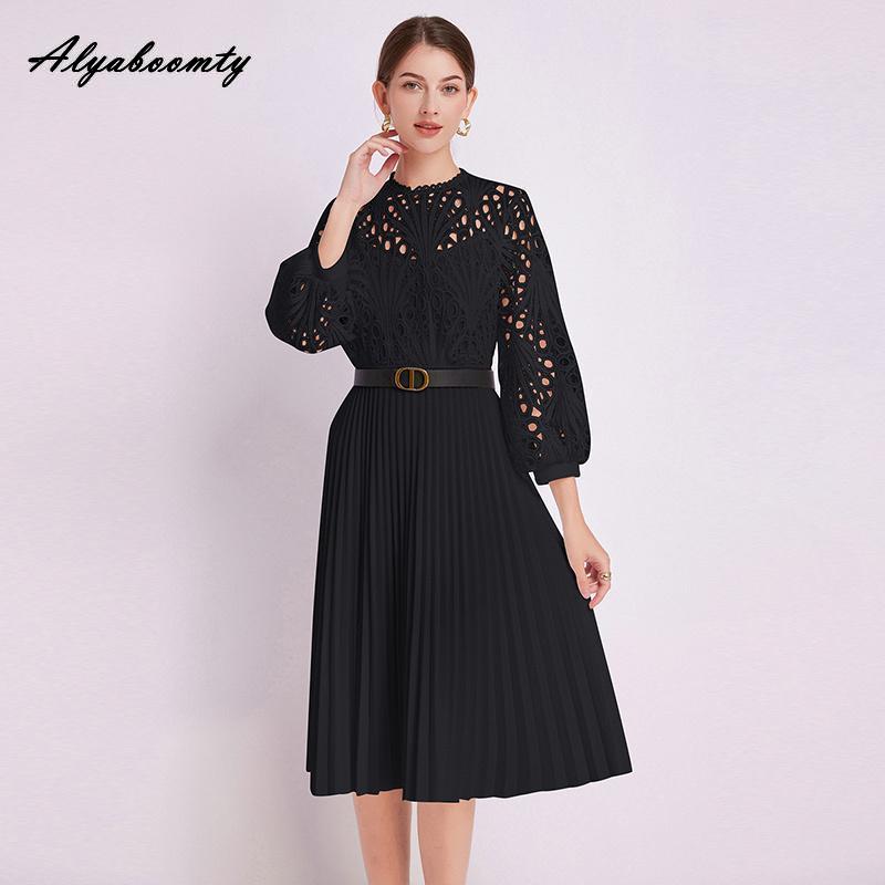 

Весна Осень Женское Кружевное Платье Миди Офисная Дама Платье О-Образным Вырезом Черное Белое Розовое Ажурное Платье Рукав Фонарик Плиссированное Платье С Поясом M чёрный