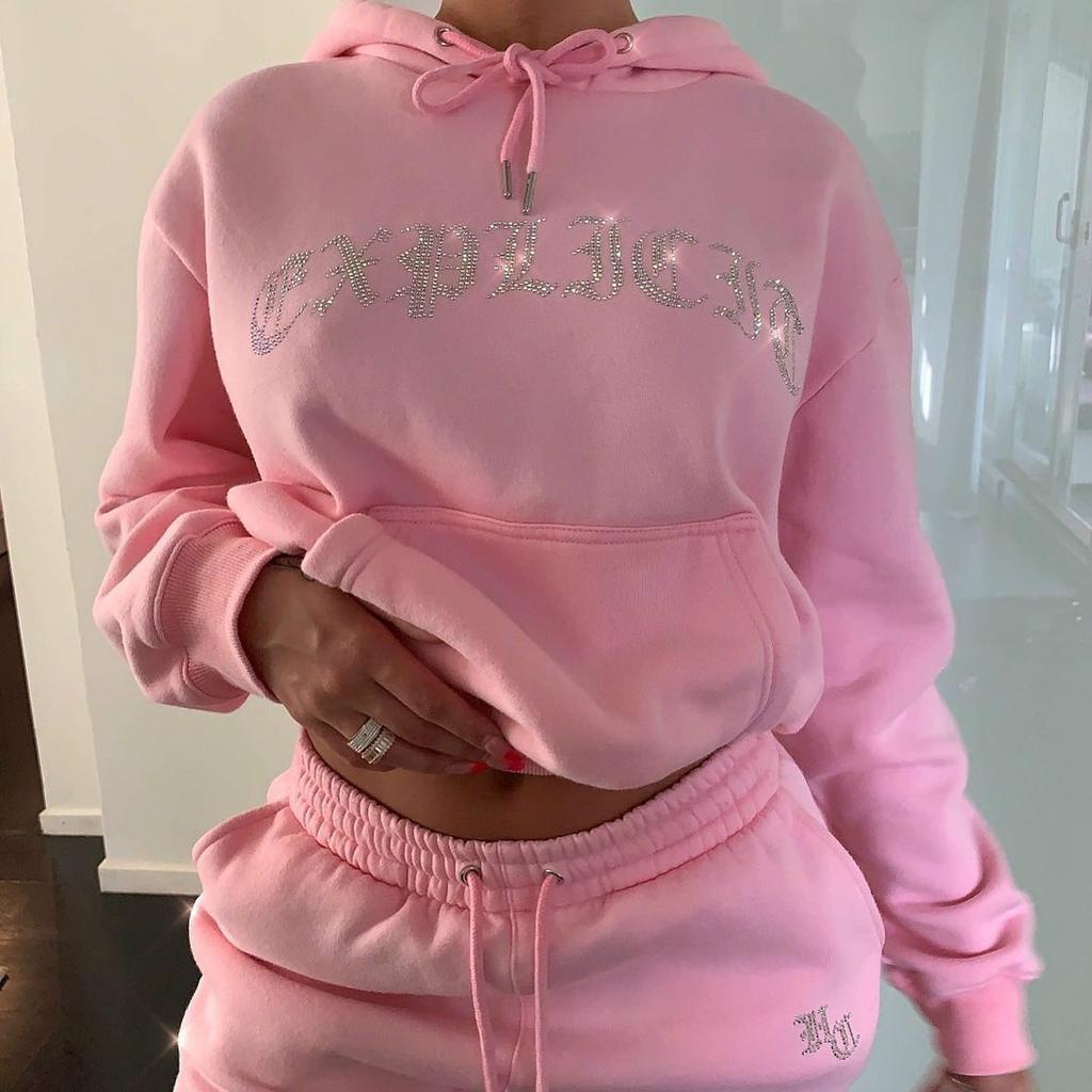 Women's Casual Fleece Long Sleeve Plus Size Printed Hoodie Trousers Sports Suit