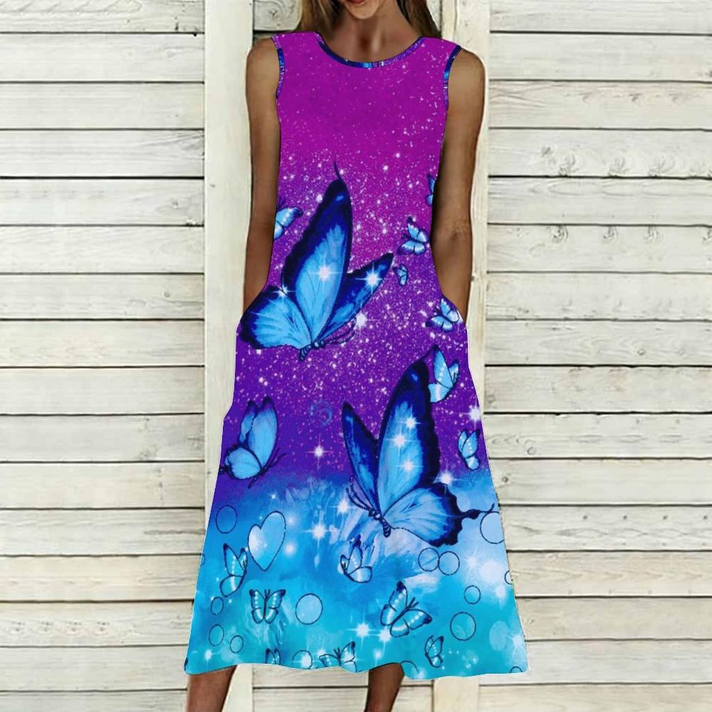 Ladies Oversized Sleeveless Crew Neck Dress Gentle Watercolor Floral Clusters Loose Mid Length Gown