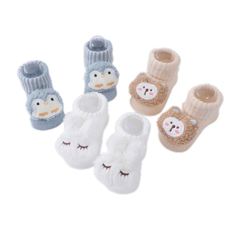 3 Paar Junge Mädchen Lauflernsocken Cartoon-Puppen Strickschuhe Bodenfußbekleidung