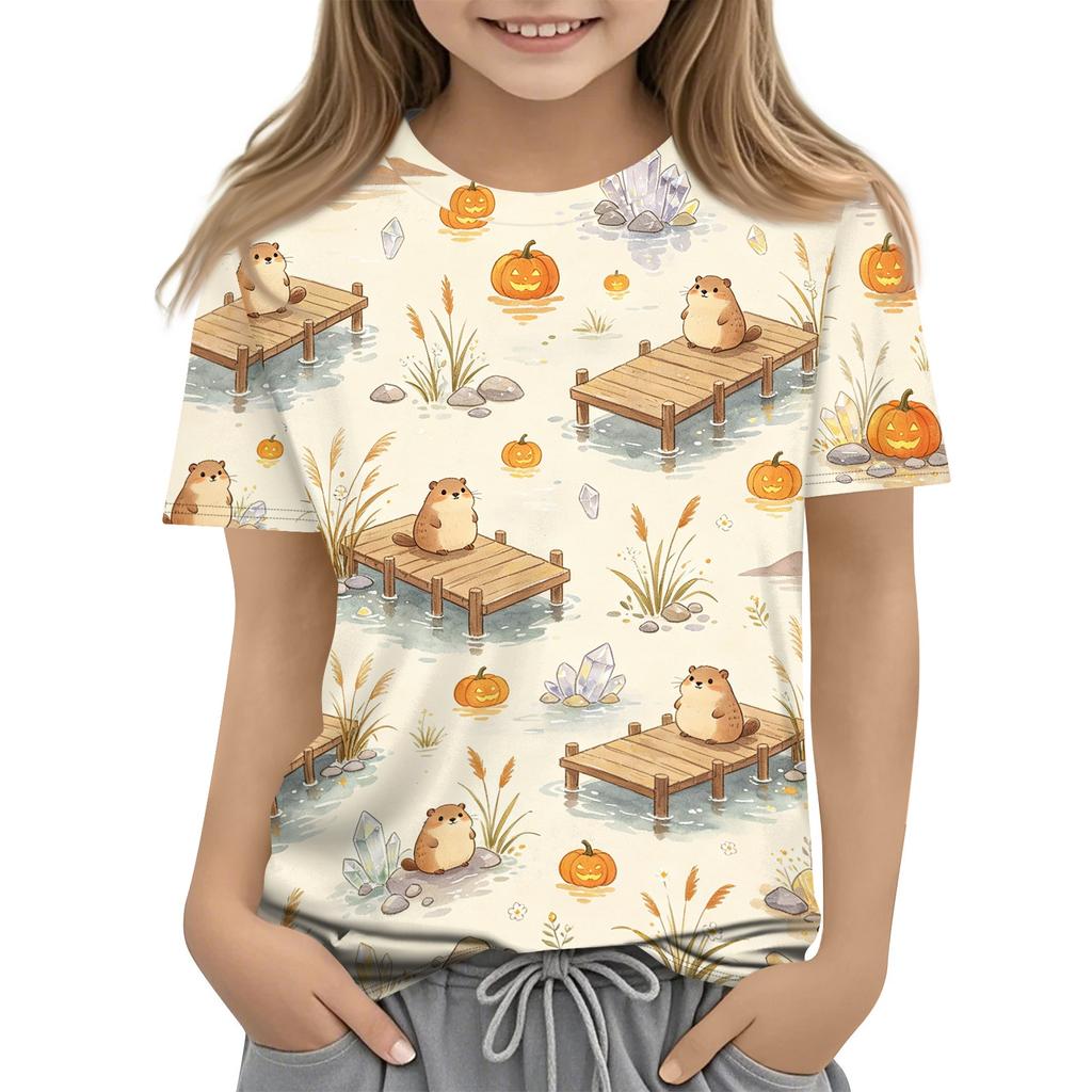 Kids Halloween Graphic T Shirt Short Sleeve Crew Neck Casual Tee Top with Pumpkin and Boat Print for Boys and Girls