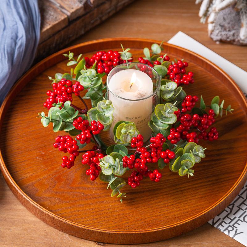 Eucalyptus Christmas Wreath Candle Ring Berry Candle Decorative Table Setting Accessories Candle Holder Wreath