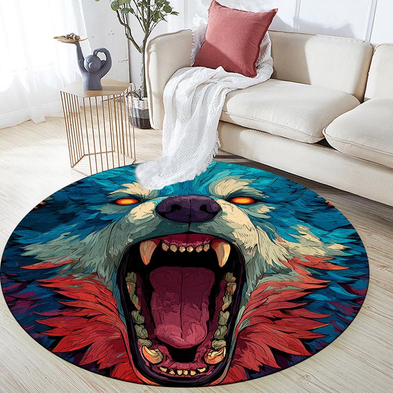 Roaring Wolf,Round Area Rug,Carpet Rug for Living Room Bedroom Sofa Playroom Decor,Non-slip Floor Mat