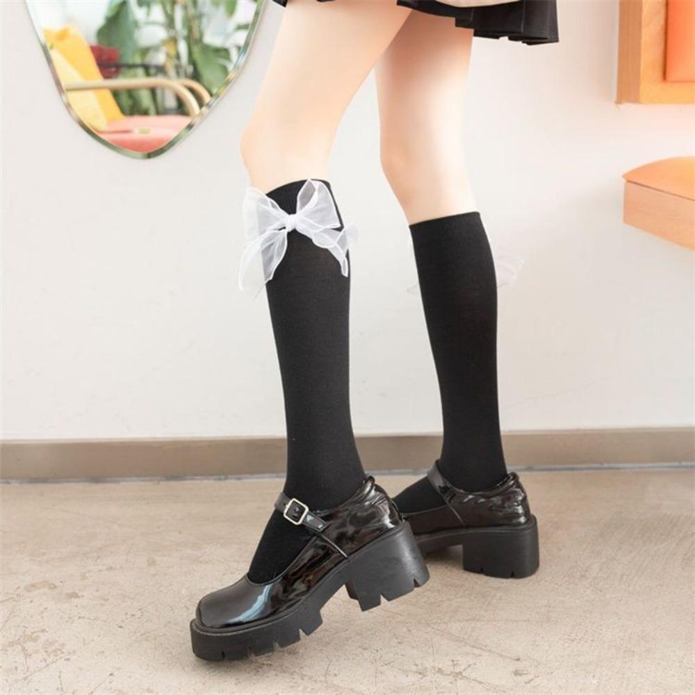 Schleife Röhrensocken Damen Frühling und Herbst Schwarz und Weiß JK Lolita Wadenstrümpfe Japanische Mädchen College-Stil Kniestrümpfe
