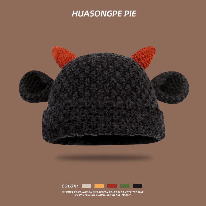 

Versatile horn ears wool hat women s hand-woven Korean version of sweet and cute headhat tide M（56-58cm）