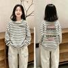 Korean-Style Girls' Striped Long-Sleeve Cotton T-shirt for Spring/Autumn – Casual Patchwork Base Layer Top
