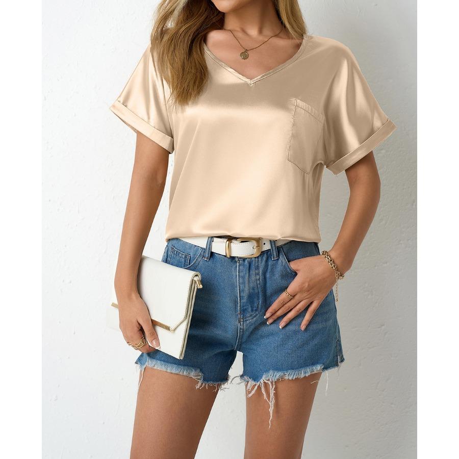 Women's Spring and Summer Solid Color Satin Top Loose Pocket Curled Short Sleeve Casual Blouses & Shirts