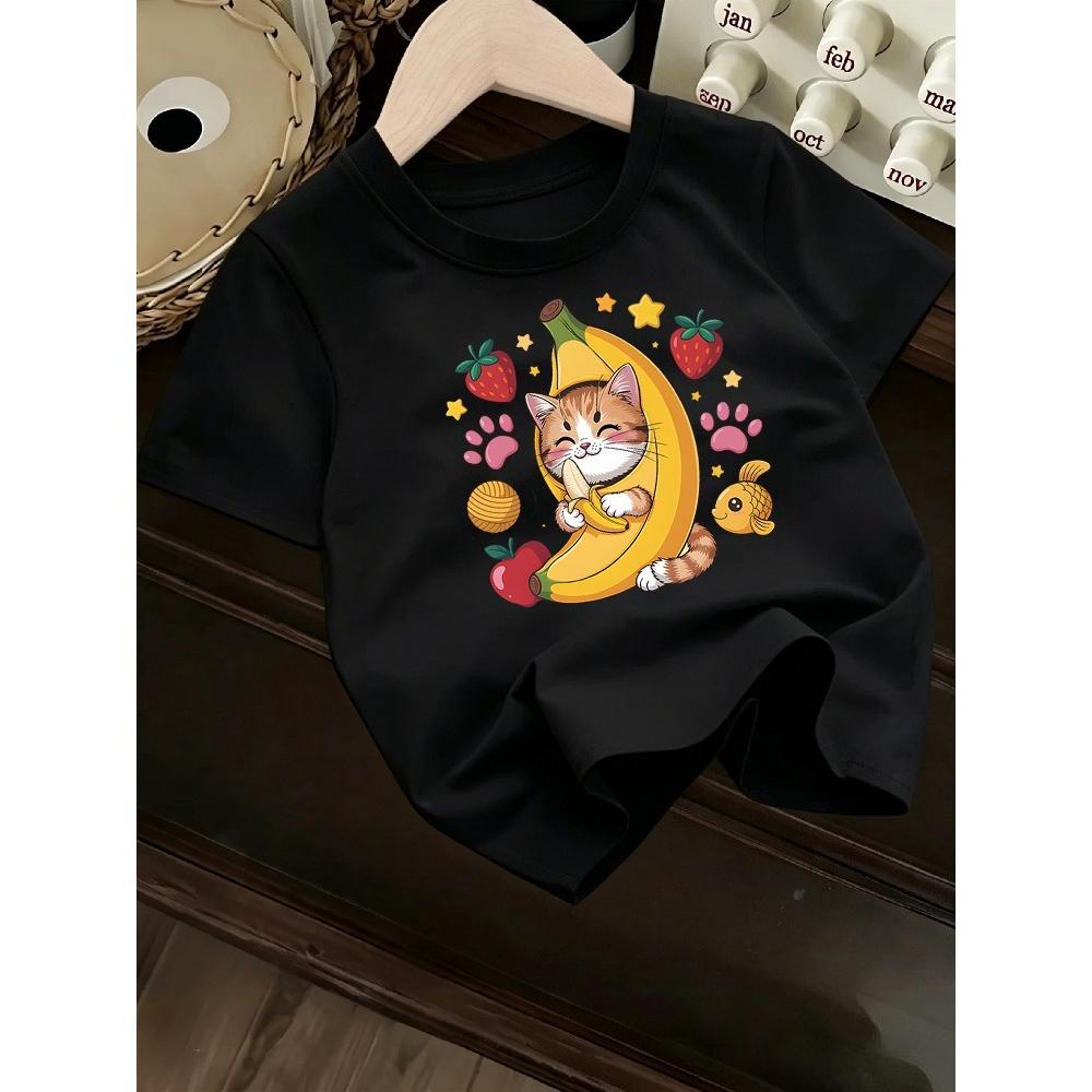 Children's Summer T-shirt, Soft and Skin-friendly, Loose and Comfortable, Cute Cat Print Short Sleeves
