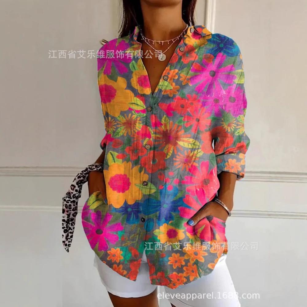 

2025 Новая летняя трендовая рубашка с длинным рукавом с цветочным принтом женский топ XXXXL