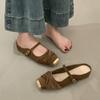 Metal Square Head Flat Heel Half Drag 2025 Spring Bag Head Soft Leather Soft Sole Slippers Women Wear One Word with Mary Jane Shoes