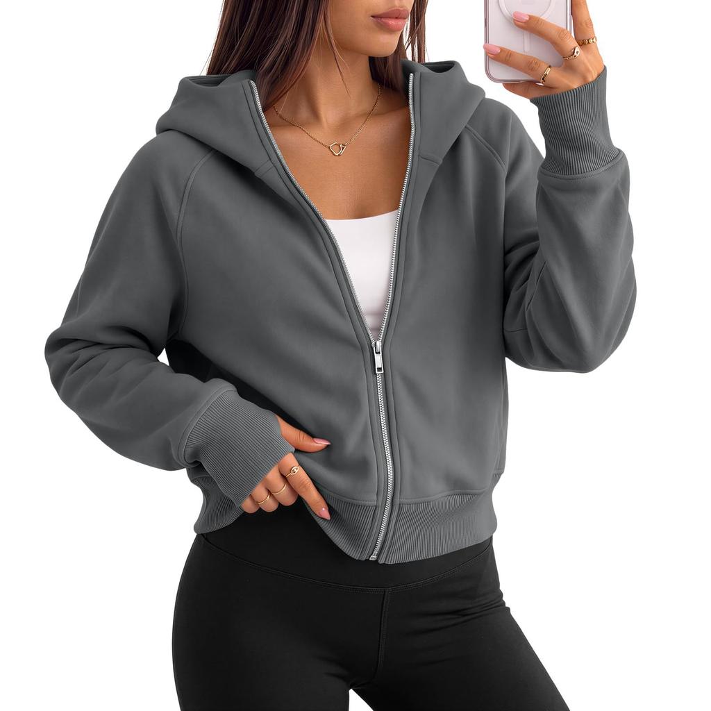 Women's Fashion Cropped Zip-Up Hooded Sweatshirt Jacket with Long Sleeves for Casual Wear