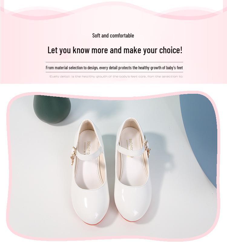 Girls' White Leather High Heels - New 2025 Princess Dance Shoes for Students, Sizes 25-40