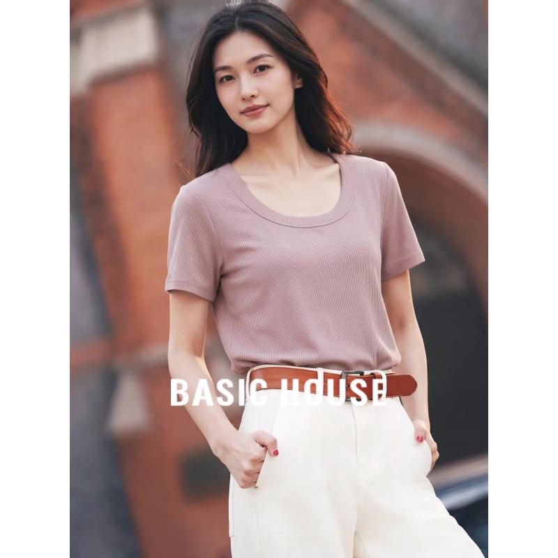 Basic House Women s Ribbed U-Neck Short Sleeve T-Shirt 2XL