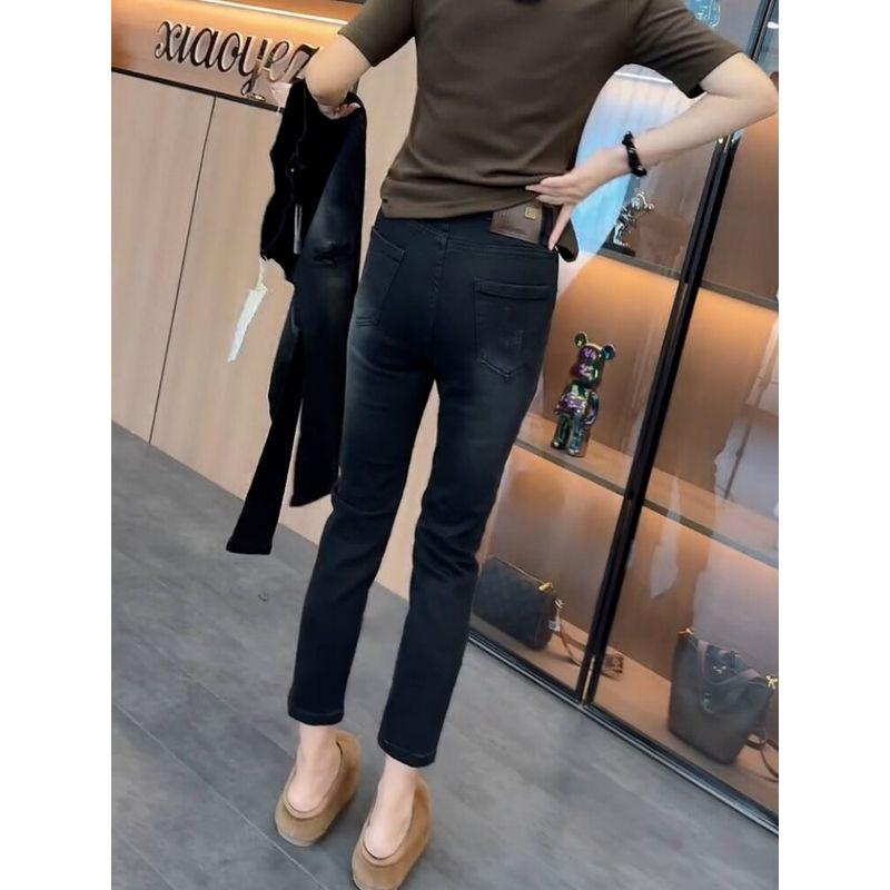 and Gray Faux Ripped Straight-Leg Jeans for Women, New Spring and Autumn Style, Plus-Size, Slim-Fit, Stretchy, Flattering, Cropped Cigarette Pants