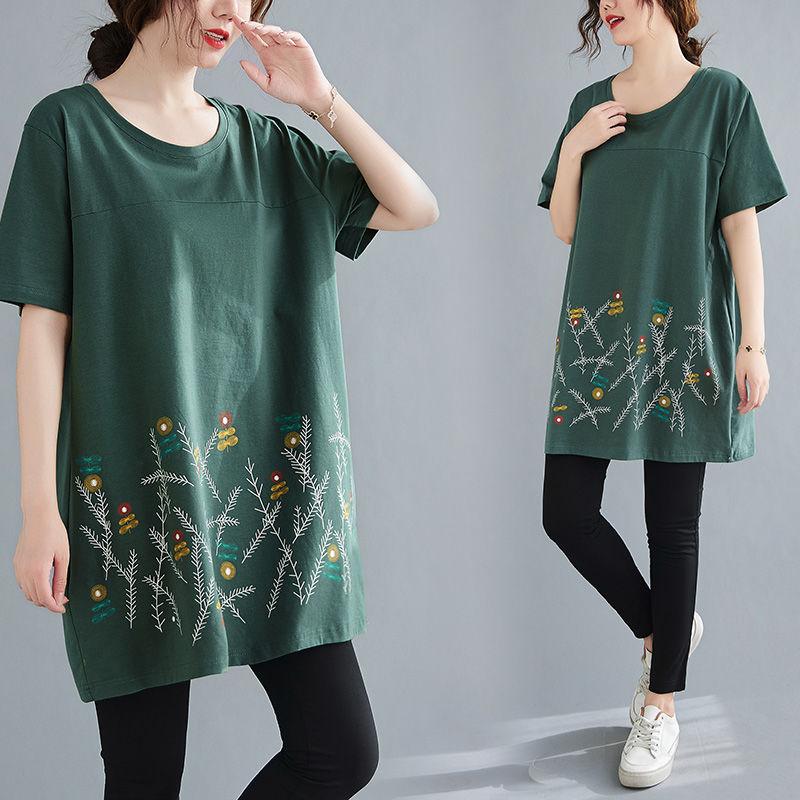 Große Größen Damen Mittellang bis lang Sommer Kurzarm T-Shirt Lockeres Oberteil