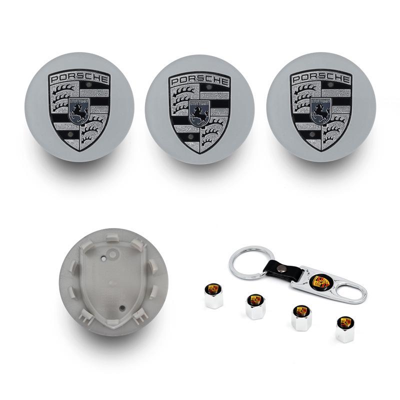 Compatible Porsche Wheel Hub Center Caps: 76mm & 65mm in Gloss Black, Bright Silver, Matte Silver, and Gray.