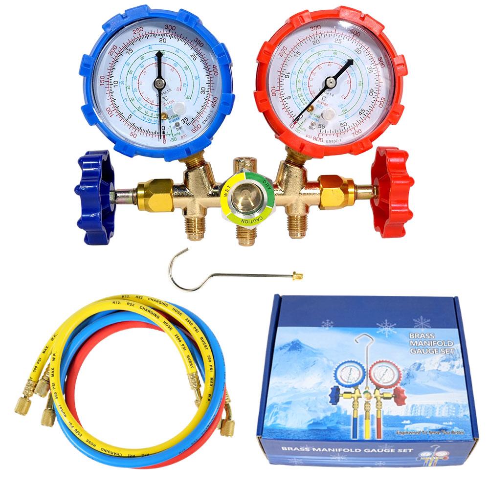 Refrigerant Manifold Gauge Set with Hose Hook for R410A R22 R404A R134A Charging - Professional AC Diagnostic Tool with Hoses