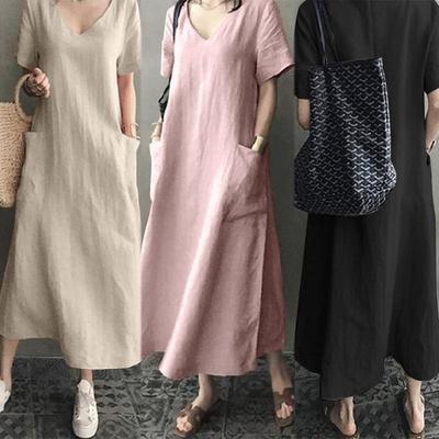 V-neck Short Sleeved Loose Linen Women's Dress