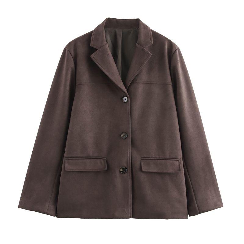 

Spring New Arrival Women s Clothing Fashion Style Retro Loose Casual Polo Collar Long Sleeves Single-Breasted Suede Suit Outwear Dark brown S