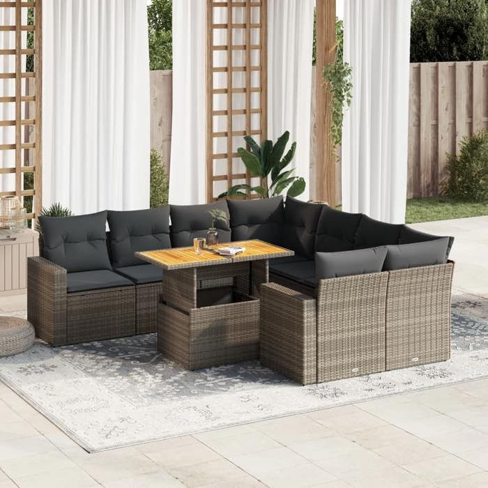 VidaXL Salon de jardin 9 pcs avec coussins gris résine tressée, ensemble de canapés d'extérieur, salon de jardin, ensemble 3327021