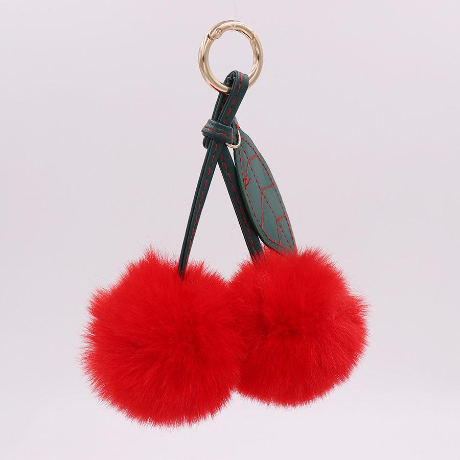 Cherry Plush Fur Ball Keychain for Women - Bag, Backpack, and Car Ornament