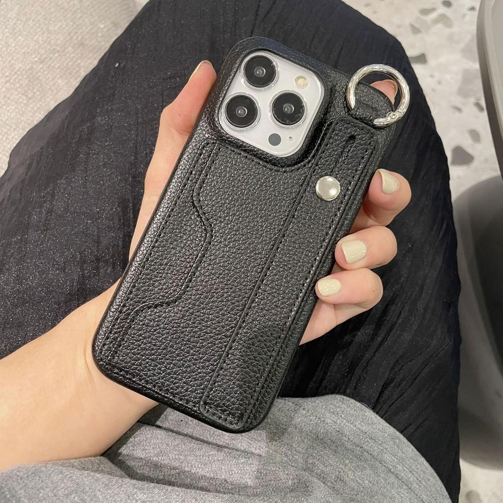 Lychee Pattern Card Bag Is Suitable for Apple 14promax Mobile Phone Case Iphone13 Anti-drop 12 Wristband Bracket 11/8p.