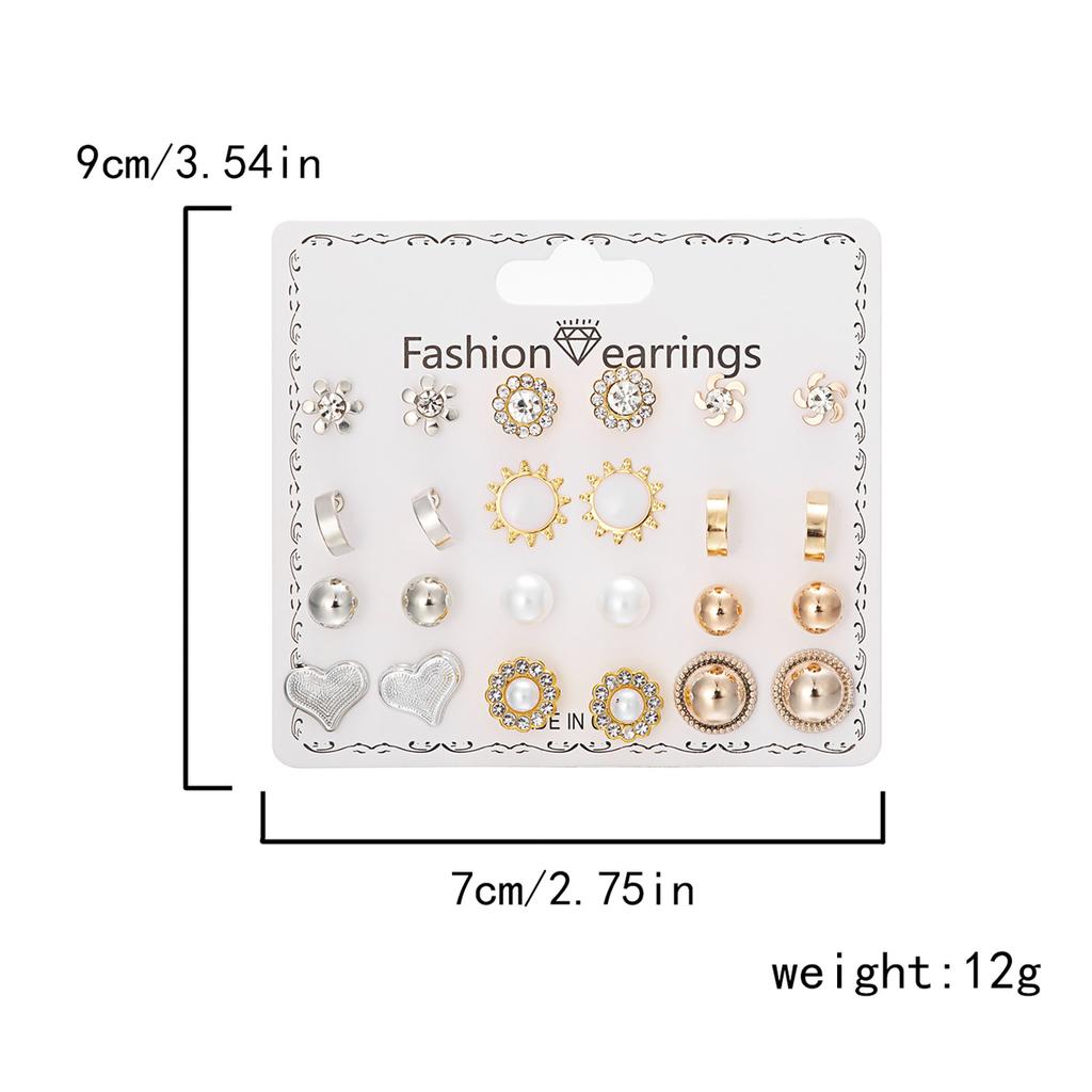 12Pairs/Set Fashion Geometric Stud Earrings Set For Women Love Heart Bowknot Rose Flower Star Moon Pearl Earrings Party Jewelry