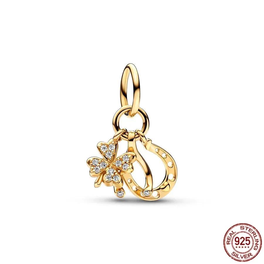 925 Silver Gold Heart Charms Beads Sparkling MapleLeaf Pendant For Women Bracelet DIY Jewelry Gift