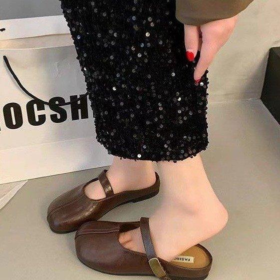 Baotou Slippers Women's Outer Wear 2025 Summer New Flat-bottomed One-pedal Doudou Shoes Literary Soft-soled Lazy Half-tray Shoes