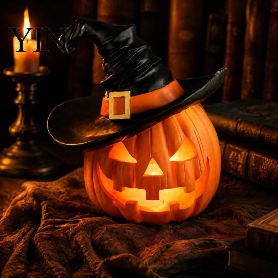 Haunted House Requisiten Halloween Kürbis Ornament mit Hexenhut, Harz Jack O Lantern Dekorative Lampe, Atmosphärische Raumaccessoires Gruseliges Gesicht Figur