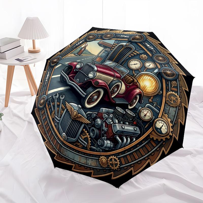 Steampunk Classic Road Trip Pattern Umbrella, Portable and Foldable Design, 8 Ribs, a Casual Accessory for Halloween, Christmas, and Birthday Gifts.