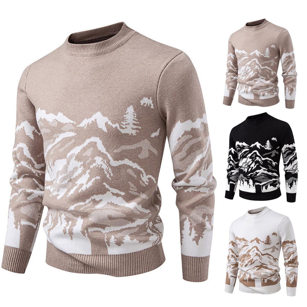 Men's Fashion Printed Sweater Knitted Cardigan Slim Fit Pullover Long Sleeve Sweater