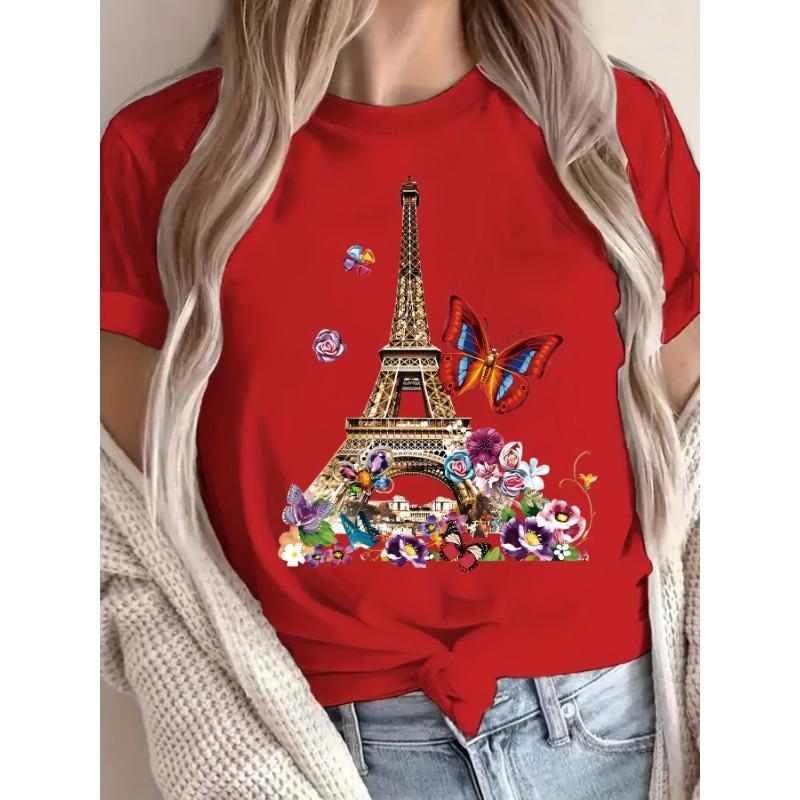 Floral Eiffel Tower Women s Tee - Paris-Inspired Graphic, Romantic Butterfly Print for Casual Daily Wear S