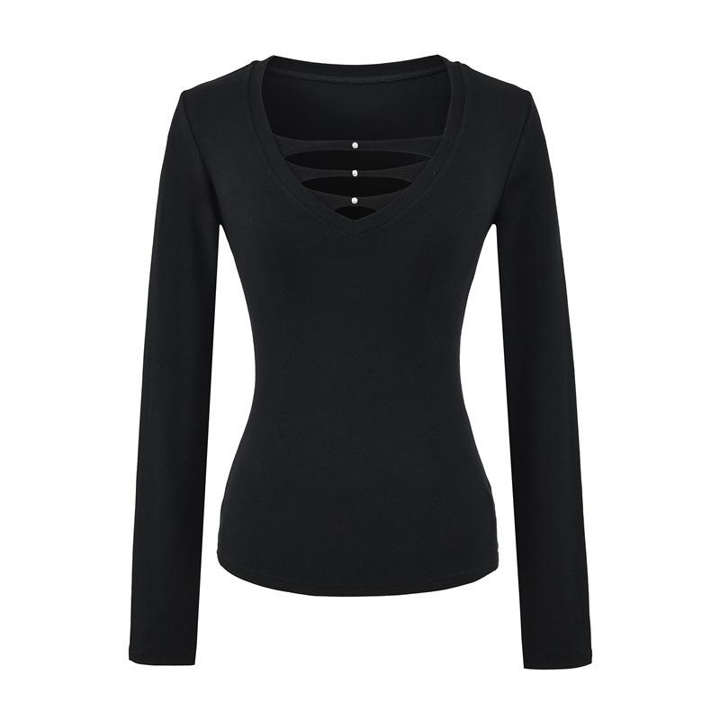 Women's Deep V-Neck Lace Design Long-Sleeve Slim Fit Top for Autumn/Winter.