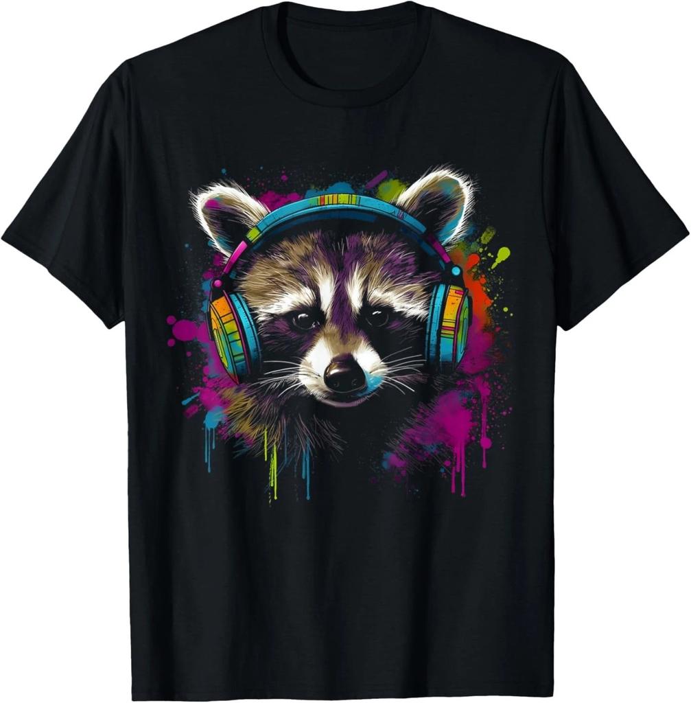 Raccoon Music Headphones Colourful Animal Motif Art Raccoon T-Shirt