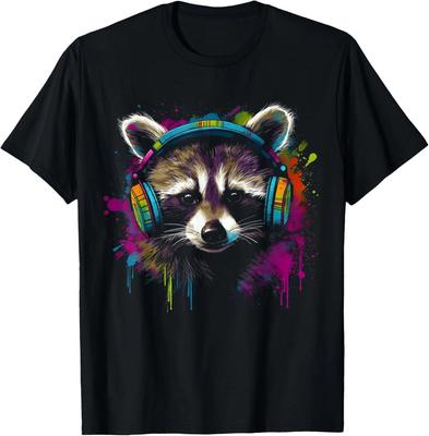 Cuffie Musicali Procione Motivo Animali Colorati Arte Maglietta Procione