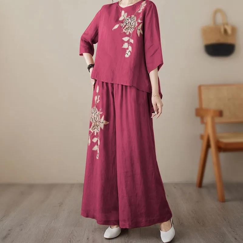 Damen Mode Baumwolle Leinen Bluse Koreanische Frauen Stickerei Zweiteiliger Anzug Sommer Damen Große Größe Weite Hosen