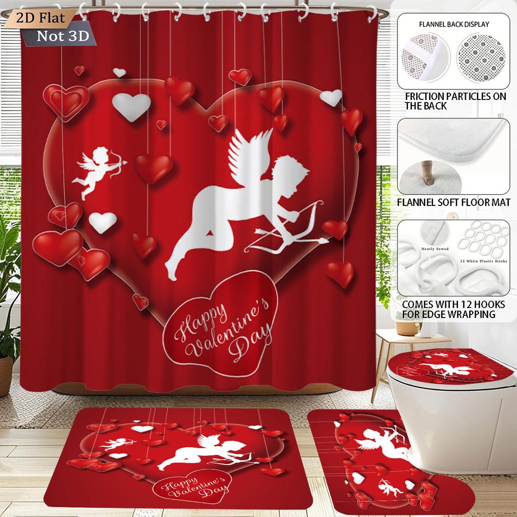 4pcs Valentine's Day Romantic Rose Flower Printed Bathroom Set Waterproof Shower Curtain Floor Mat Toilet Mat U-Shaped Mat
