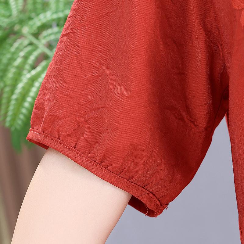 Sommer Elastisches T-Shirt Massive Baumwolle Hanf Damenbekleidung Kurzarm V-Ausschnitt Übergröße Stickerei Retro Lose Vielseitige Oberteile