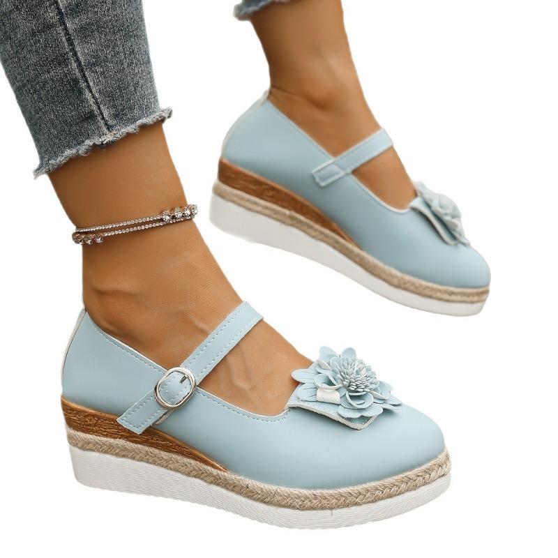Thick-soled Fashion Casual Single Shoes Women's Flower Bag Head Belt Buckle Hollow Wedge Heel Large Size Single Shoes