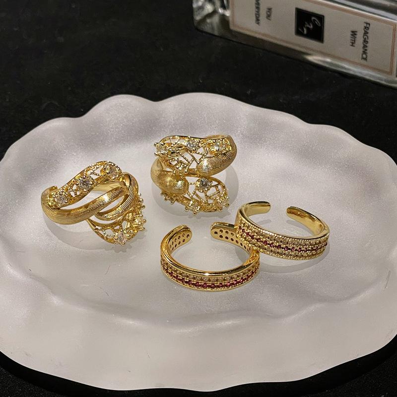 Medieval Brushed Retro Three-Dimensional Lace Hollow Open Ring Inlaid With Zircon Temperament Exquisite High-End Accessories