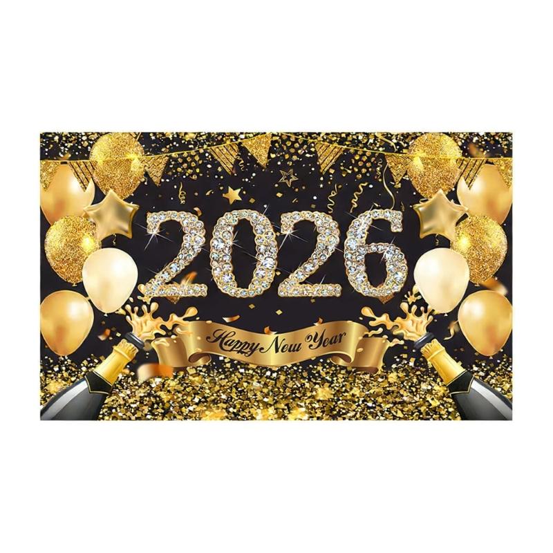 Happy New Year 2026 Banners With Balloon Pattern Decoration For Outdoor Indoor Festives Event Photoshoot Backdrop Favor
