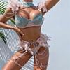 Free Shipping Hot Selling Erotic Underwear Feather Clash Color Chain Bra Thong Set Lingerie with Garter Belt Sexy Four Piece Set