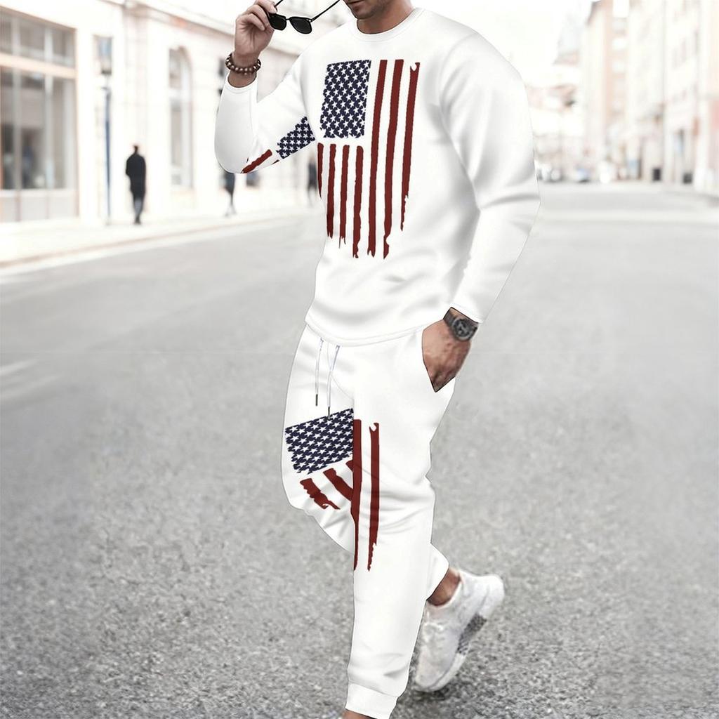 Men Torn Ripped Effect American Flag Star Print Long Sleeve Sweatshirt And Jogger Pants Two Piece Outfit