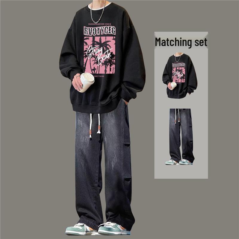 Boys' Trendy Loose Round Neck Sweatshirt & Jeans Set - Cool Casual Two-Piece Outfit for Spring & Autumn