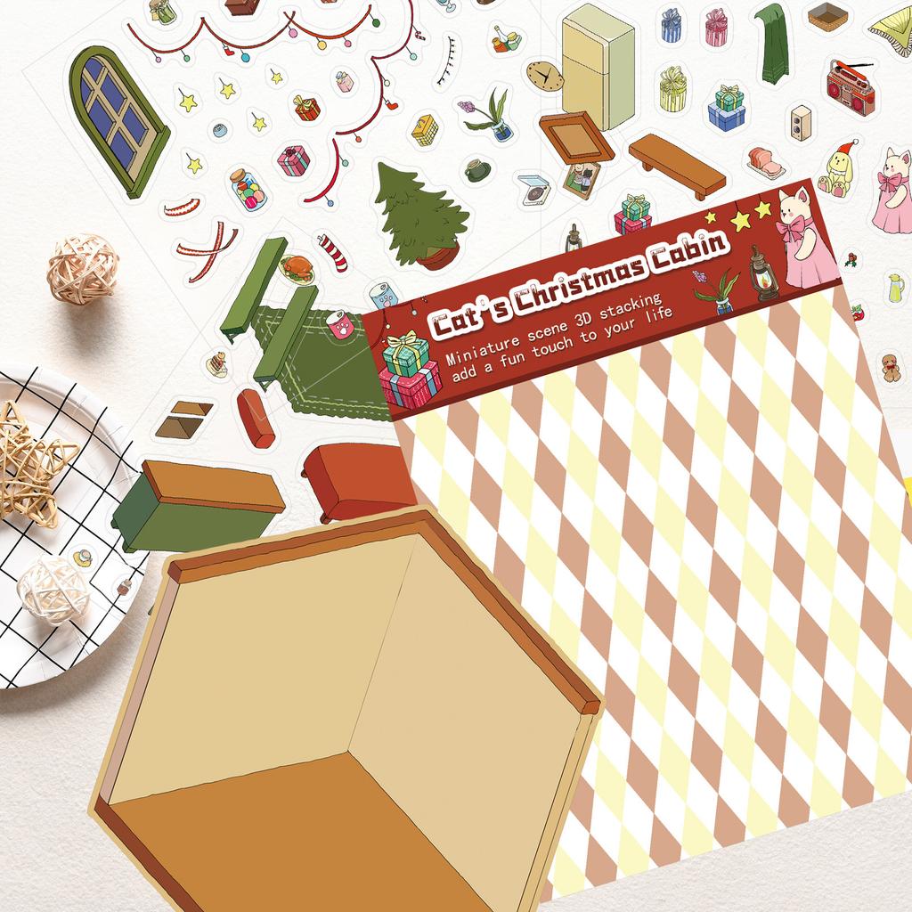 Cat Christmas House Landscape Stickers, Fun and Stress-relieving Collage Miniature World Scene Stickers