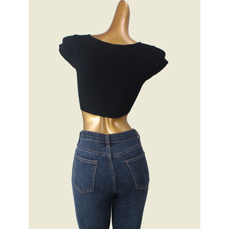 US Niche Style Brand Square Collar Knitwear Stylish Asymmetrical Summer Midriff-Baring Short Sleeve Silm T-shirt