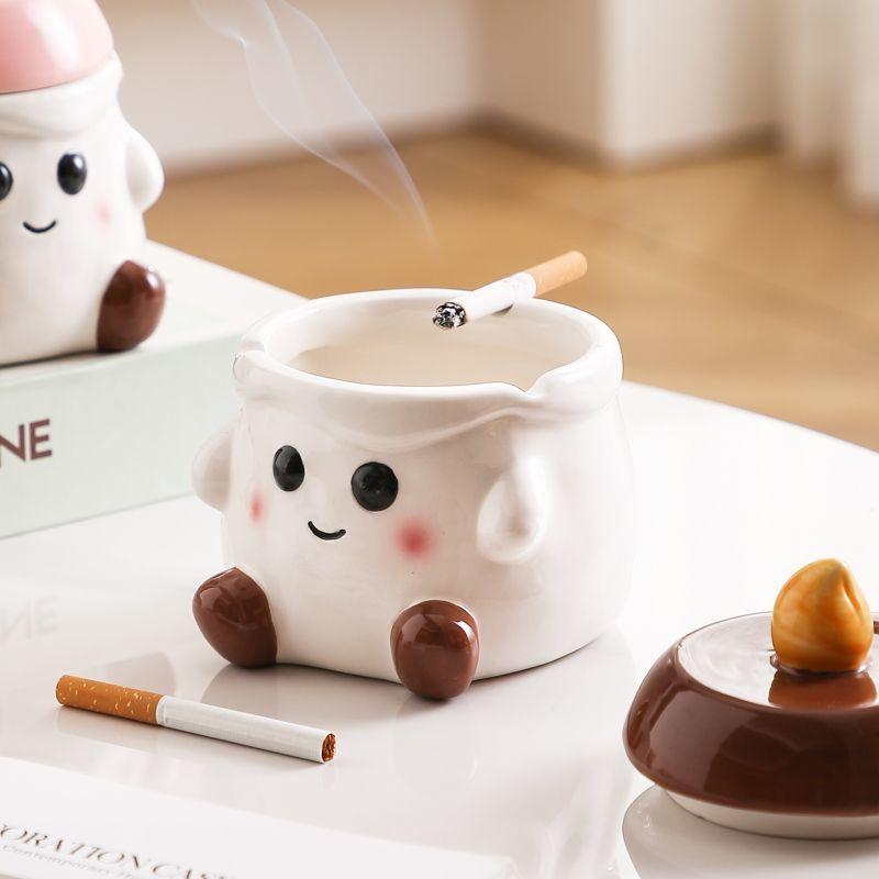 Modern Cute Elf Ceramic Ashtray with Lid Living Room Storage Ornaments Portable Home Car Ashtray Countertop Ornaments Decoration