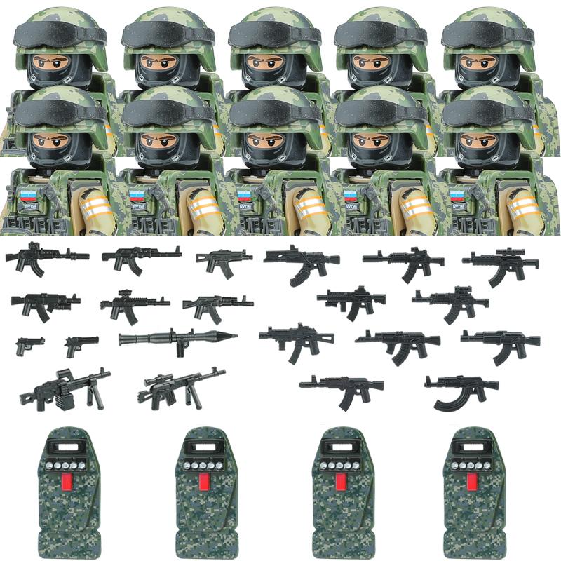 Non-Toxic City Police Russia Commando Fsb Special Forces Figures Building Blocks Green Camouflage Shield Army Soldier Military Weapon Toys